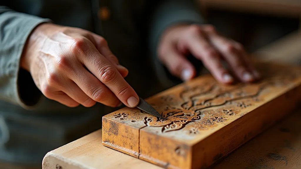 Mokuhanga woodblock carver at work