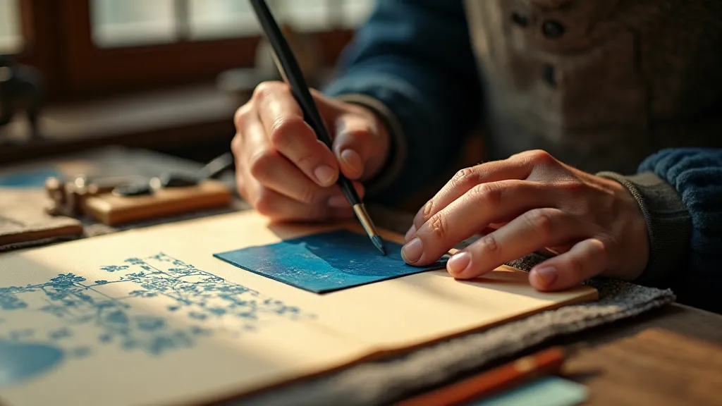 Artist applying pigment to a woodblock.