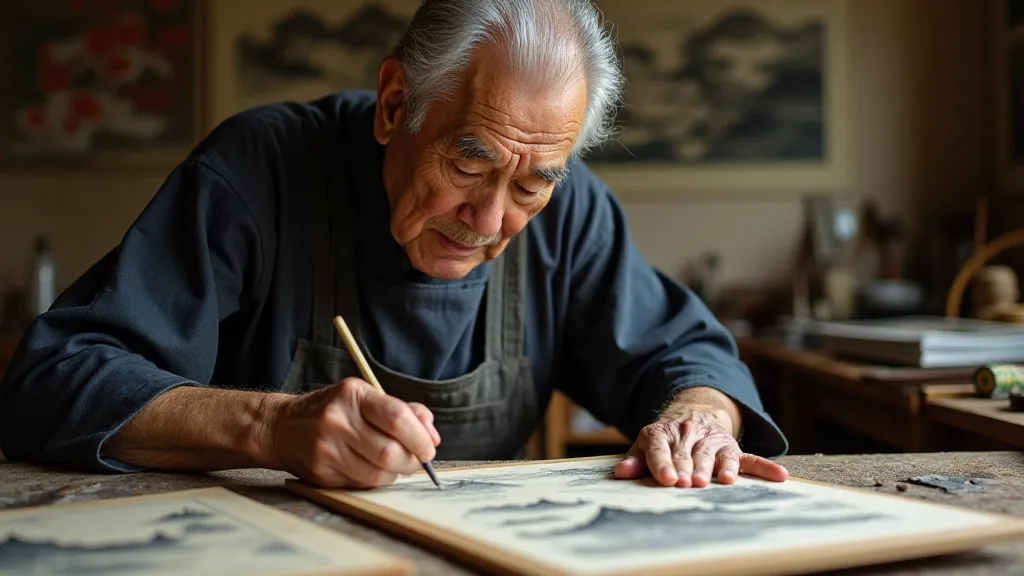 Japanese artisan inspecting a Mokuhanga print