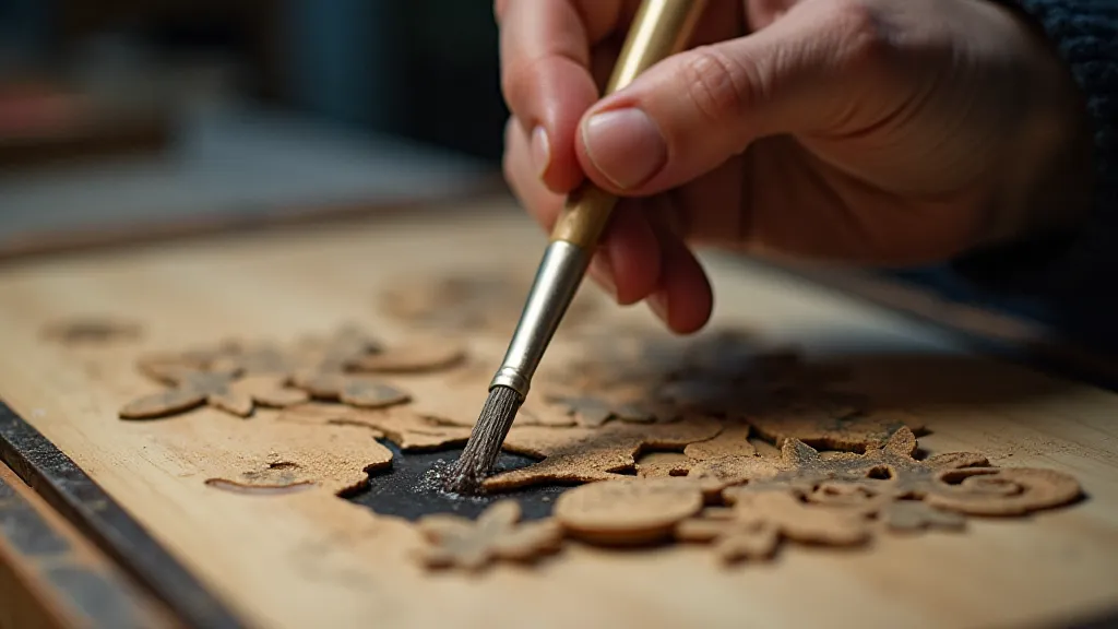Mokuhanga artist applying water to a woodblock.