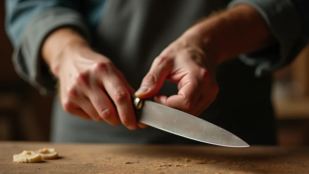 A craftsman's hand holding a Mokuhanga carving knife