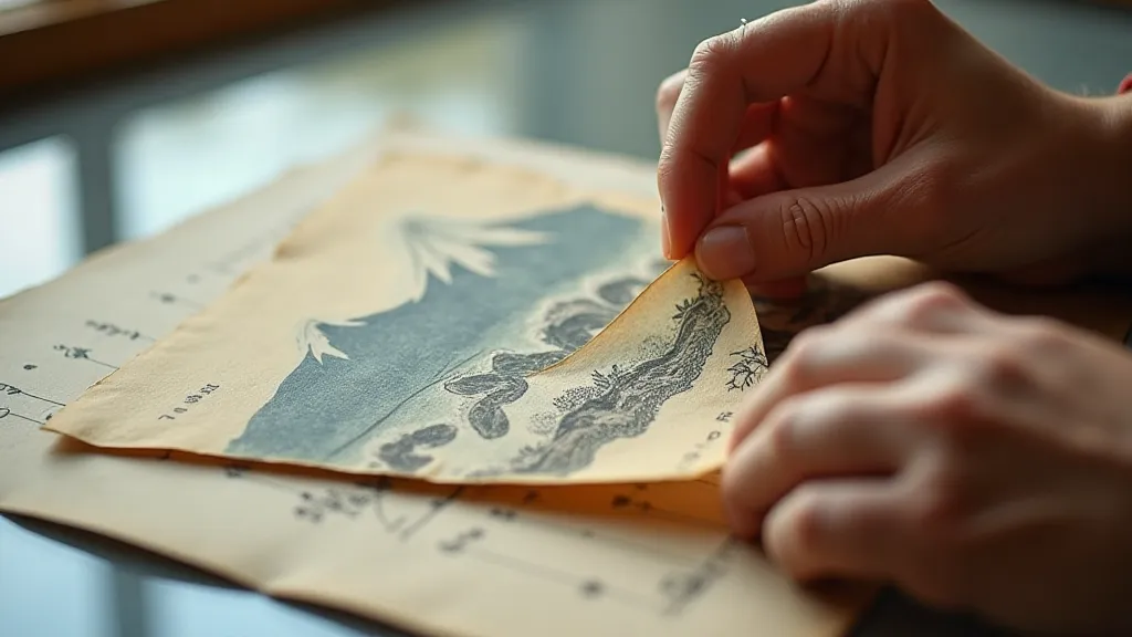 An antique Mokuhanga print being examined