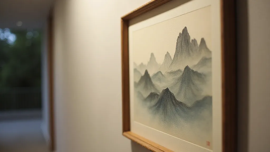Framed Mokuhanga print of a mountain landscape