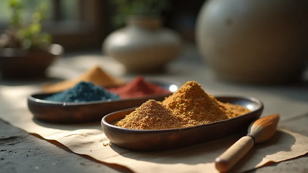 Traditional Mokuhanga pigments arranged in porcelain dishes