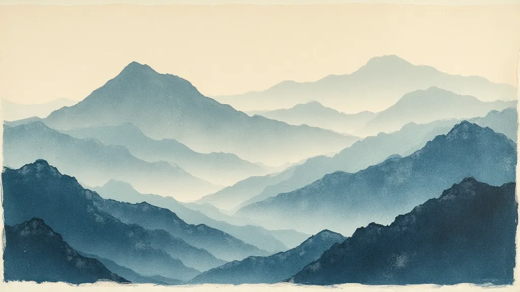 Finished Mokuhanga woodblock print of a mountain range