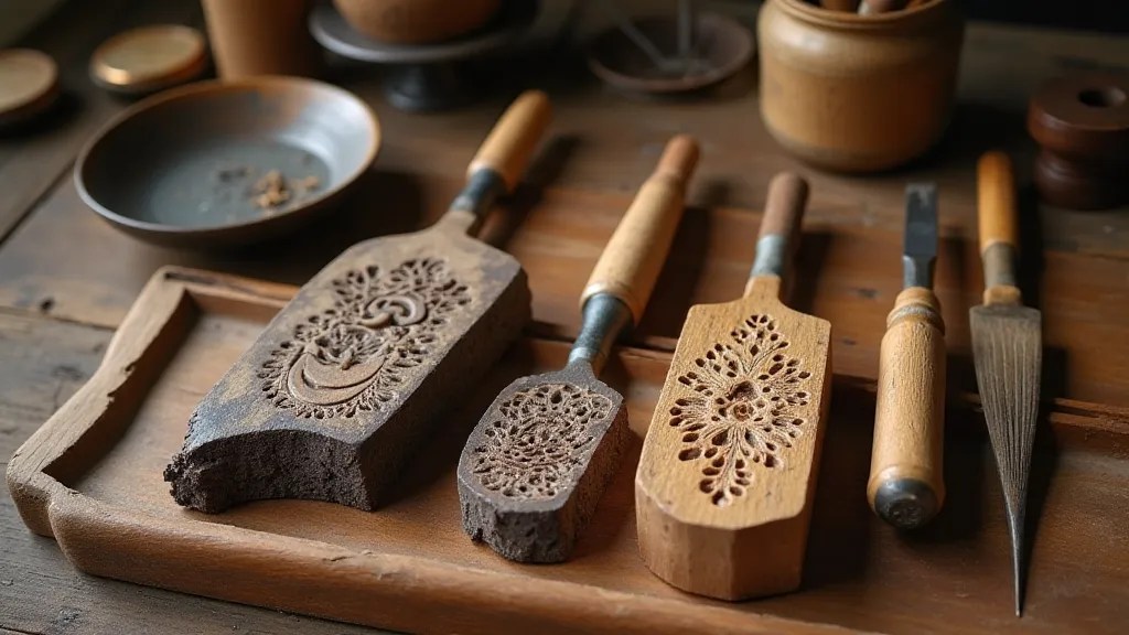 Traditional Mokuhanga carving tools and woodblock.