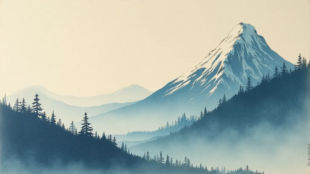 Tranquil mountain scene in woodblock print